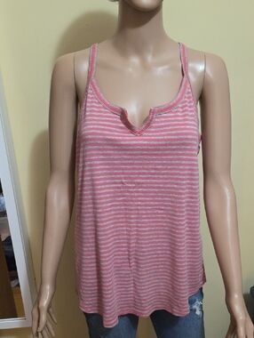 Striped Pink and Gray Women's Tank Top - Casual V-Neck